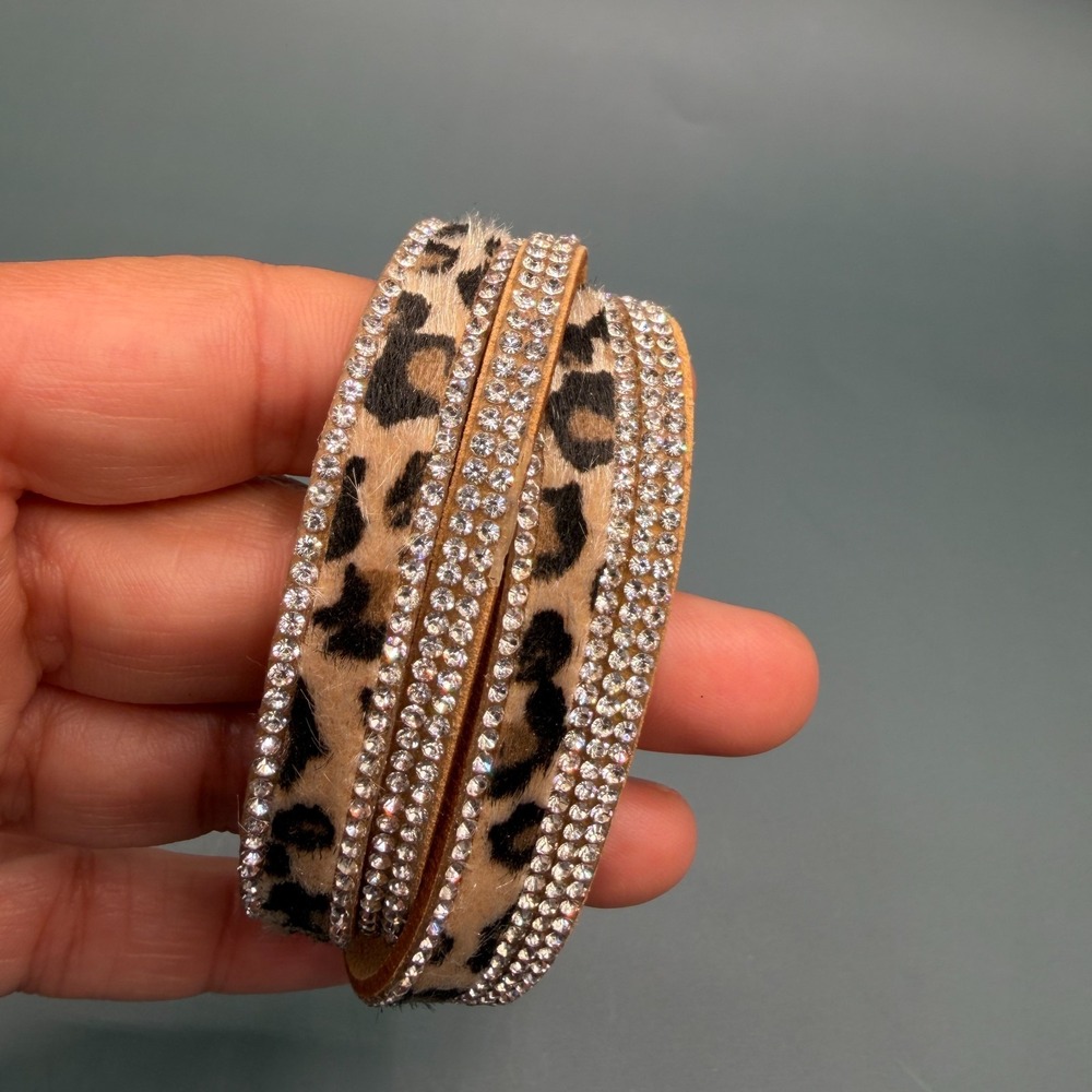 Leopard Print Rhinestone Wrap Bracelet Tan Suede Crystal Sparkle Boho Statement - Picture 11 of 13